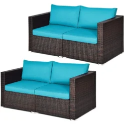 Tangkula 4PCS Rattan Corner Sofa Set Patio Outdoor Furniture Set W/ Blue Cushions -Tangkula GUEST 0022951e 90bf 472c 9c26 3841420d0e38