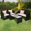 Tangkula 4 Piece Outdoor Patio Rattan Furniture Set Black Wicker Cushioned Seat For Garden, Porch, Lawn