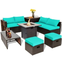 Tangkula 9 PCS Outdoor Patio Furniture Set W/ 30" Propane Fire Pit Table PE Wicker Space-Saving Sectional Sofa W/ Storage Box And Cushions Black/Gray/Navy/Red/Turquoise/Off White -Tangkula GUEST 0167bc19 882a 4999 abb1 cfdaf7ff567d