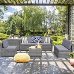 Tangkula Set Of 8 Gray Rattan Wicker Sofa & Table Outdoor Cushioned Sectional Patio Furniture -Tangkula GUEST 0174d179 a470 420d bb43 4b05eaf5fedc