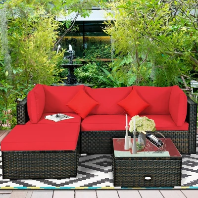Tangkula 5PCS Rattan Sectional Sofa Set Patio Furniture Set W/ Red Cushion Pillow 2 Tangkula 5PCS Rattan Sectional Sofa Set Patio Furniture Set W/ Red Cushion Pillow - Image 2