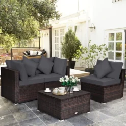 Tangkula 4PCS Rattan Patio Conversation Furniture Set Yard Outdoor W/ Grey Cushion