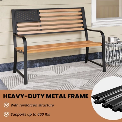 Tangkula 50” Outdoor Garden Bench 2-Person Metal Patio Chair With Flag Pattern Backrest & Rustic Wood Grain Finish 5 Tangkula 50” Outdoor Garden Bench 2-Person Metal Patio Chair With Flag Pattern Backrest & Rustic Wood Grain Finish - Image 5