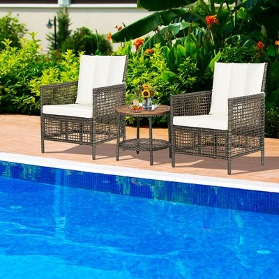 Tangkula 3PCS Patio Wicker Bistro Set Furniture Set PE Rattan Table Set W/ Off White Cushions 3 Tangkula 3PCS Patio Wicker Bistro Set Furniture Set PE Rattan Table Set W/ Off White Cushions - Image 3