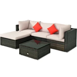 Tangkula 5PCS Rattan Sectional Sofa Set Patio Furniture Set W/ Beige Cushion Pillow -Tangkula GUEST 02549f50 92fb 42fb 93af e5a58b0a1680