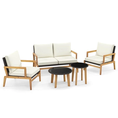 Tangkula 5 Piece Rattan Furniture Set W/ Wicker Woven Sofa Set & Solid Acacia Wood Frame 4 Tangkula 5 Piece Rattan Furniture Set W/ Wicker Woven Sofa Set & Solid Acacia Wood Frame - Image 4