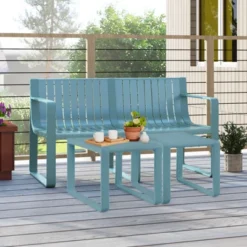 Tangkula 3 PCS Patio Furniture Set W/1 Loveseat & 2 Side Tables All-Weather Bistro Set Blue