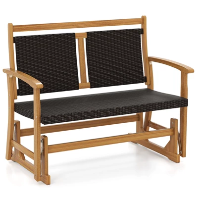 Tangkula Patio Rattan Glider Bench Swing Gliding Rocker For 2 W/ Acacia Wood Frame 10 Tangkula Patio Rattan Glider Bench Swing Gliding Rocker For 2 W/ Acacia Wood Frame - Image 10