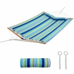Tangkula Portable Hammock W/ Spreader Bars & Detachable Pillow Quick Dry & Water Proof Material Woven Cotton Rope Blue + Green/Light Blue + Yellow -Tangkula GUEST 040800b2 436e 4aa9 be68 cdf70ae5a105