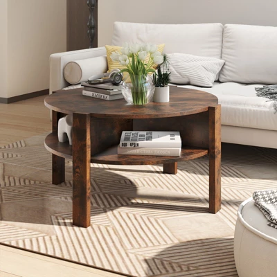 Tangkula Round Coffee Table With 4 Side Compartments 2-Tier Circle Coffee Table 1 Tangkula Round Coffee Table With 4 Side Compartments 2-Tier Circle Coffee Table