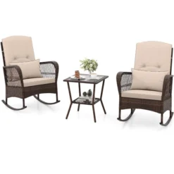 Tangkula 3 Piece Rocker Set Outdoor Wicker Rocking Chairs With Double-Layer Rattan Rocker Chair Set With Back Cushions & Pillows Beige/Gray/Blue/Red -Tangkula GUEST 04779896 92f5 4c5e bf6f 089c5867bd7f