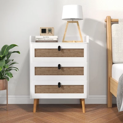 Tangkula Modern Nightstand End Bedside Table W/ 3 Rattan Drawers & Solid Wood Legs White 2 Tangkula Modern Nightstand End Bedside Table W/ 3 Rattan Drawers & Solid Wood Legs White - Image 2