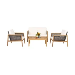 Tangkula 4PCS Patio Acacia Wood Furniture Set PE Rattan Conversation Set W/ Off White Cushions 18 Tangkula 4PCS Patio Acacia Wood Furniture Set PE Rattan Conversation Set W/ Off White Cushions -Tangkula GUEST 04eec6c2 9825 4fc1 ab98 511b73343b05
