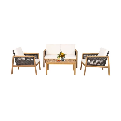Tangkula 4PCS Patio Acacia Wood Furniture Set PE Rattan Conversation Set W/ Off White Cushions 9 Tangkula 4PCS Patio Acacia Wood Furniture Set PE Rattan Conversation Set W/ Off White Cushions - Image 9