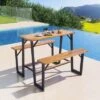 Tangkula Acacia Wood Picnic Table 4-Person Outdoor Table And Bench Set With 2 Built-in Benches Footrests Umbrella Hole Heavy-Duty Metal Frame