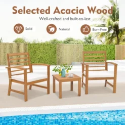 Tangkula 3PCS Furniture Set Acacia Wood Conversation Set W/ Soft Seat Cushions Outdoor White