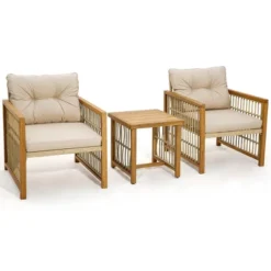 Tangkula 3PCS Patio Acacia Wood PE Wicker Furniture Set W/ Soft Seat & Back Cushions -Tangkula GUEST 056488ee 18f9 48e7 9abd f0d9c12944b5
