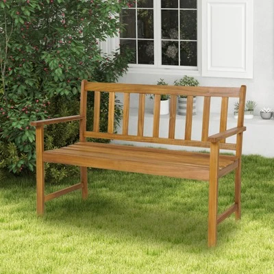 Tangkula 2-Person Outdoor Bench Patio Wooden Bench With Ergonomic Backrest & Armrests All-weather Acacia Wood Frame 48"x 22" 1 Tangkula 2-Person Outdoor Bench Patio Wooden Bench With Ergonomic Backrest & Armrests All-weather Acacia Wood Frame 48"x 22"