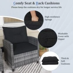 Tangkula 3 Pieces Patio Bistro Set Outdoor PE Rattan Conversation Chair Set With Tempered Glass Side Table And Removable Cushions Black -Tangkula GUEST 06311307 3532 42be 9803 63bcbd7d9664