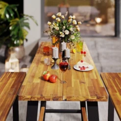 Tangkula Acacia Wood Picnic Table 4-Person Outdoor Table And Bench Set With 2 Built-in Benches Footrests Umbrella Hole Heavy-Duty Metal Frame -Tangkula GUEST 06de2862 eaea 442e bb2d cb5e4e8d7223