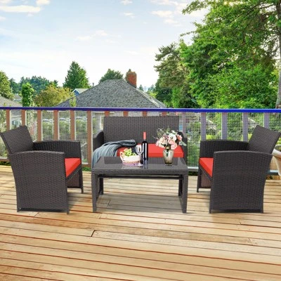 Tangkula 8PCS Outdoor Patio Furniture Sets Weather-Resistant Rattan Sofas W/ Soft Cushion Red 3 Tangkula 8PCS Outdoor Patio Furniture Sets Weather-Resistant Rattan Sofas W/ Soft Cushion Red - Image 3