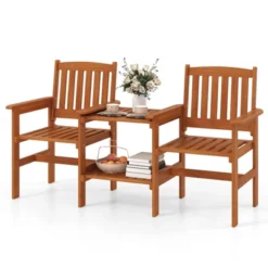 Tangkula Outdoor Wood Bench Loveseat W/ Built-in Table 1.57" Umbrella Hole For Porch -Tangkula GUEST 070a4bda a89d 48c3 8e28 ea103a4710f8