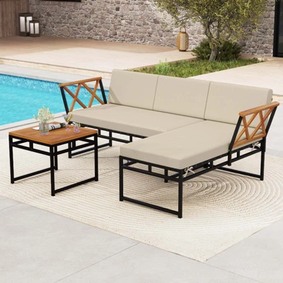 Tangkula Set Of 3 L-Shaped Outdoor Furniture Set Acacia Wood Patio Sectional Cushioned Conversation Sofa With Square Coffee Table 2 Tangkula Set Of 3 L-Shaped Outdoor Furniture Set Acacia Wood Patio Sectional Cushioned Conversation Sofa With Square Coffee Table - Image 2
