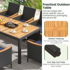 Tangkula Set Of 9 Patio Dining Set Outdoor Furniture Set W/ Acacia Wood Tabletop & Umbrella Hole & Seat Cushions