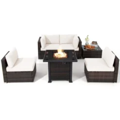 Tangkula 6 Piece Patio Wicker Conversation Set, Outdoor Rattan Sofa Set W/ 32" Propane Fire Pit Table, 50,000 BTU Heat, Tempered Glass Tabletop Black/Navy Blue/Red/Turquoise/Off White -Tangkula GUEST 07ce5ef2 5155 4797 a4c2 b43a8d30ba12