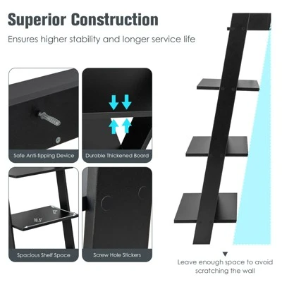 Tangkula 4-Tier Ladder Shelf 43” Tall Wooden Leaning Bookshelf Display Rack Modern Shelving Stand With Anti-tipping Device Black 6 Tangkula 4-Tier Ladder Shelf 43” Tall Wooden Leaning Bookshelf Display Rack Modern Shelving Stand With Anti-tipping Device Black - Image 6