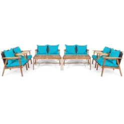 Tangkula 8PCS Patio Rattan Furniture Set Wood Frame Cushioned Sofa With Coffee Table Sectional Conversation Sofa Set For Garden Turquoise/Navy/Brown/Red -Tangkula GUEST 0862e8e8 a7f5 4a80 8cf9 5e18d0230906