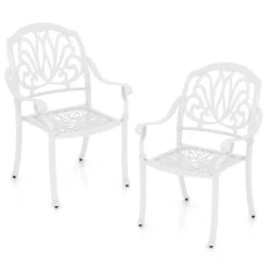 Tangkula Set Of 2 Cast Aluminum Patio Dining Chairs Stackable Outdoor Dining Chairs With Armrests Outdoor Bistro Chairs White -Tangkula GUEST 08f73d56 31fc 46d8 9190 fc283196fa20