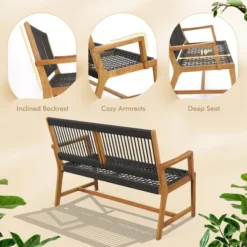 Tangkula Patio 2-Person Acacia Wood Bench All-Weather Rope Woven Outdoor Garden Natural -Tangkula GUEST 092653e1 9f36 4198 ba98 00d9bdf02c38