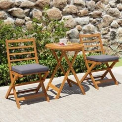 Tangkula 3 Piece Patio Wood Bistro Set Folding Table Chair Set W/Soft Seat Cushions Acacia Wood Frame High-Back Portable Chairs
