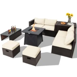 Tangkula 9PCS Outdoor Patio Furniture Set With 30" Propane Fire Pit Table PE Wicker Space-Saving Sectional Sofa Set W/ Storage Box & Cushions -Tangkula GUEST 0976d6b2 2502 4893 bd81 821c6d21a2e6