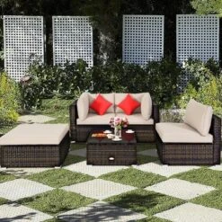 Tangkula 5PCS Rattan Sectional Sofa Set Patio Furniture Set W/ Beige Cushion Pillow -Tangkula GUEST 09ff2a40 8ce3 4ce7 8c13 e96837596f6b