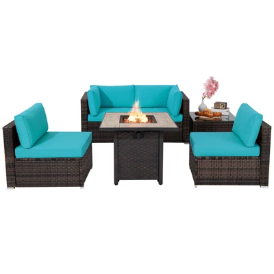 Tangkula 6 PCS Patio Wicker Furniture Set With 30" Gas Fire Pit Table 50,000 BTU Black/Red/Turquoise/Navy/White Cushions 12 Tangkula 6 PCS Patio Wicker Furniture Set With 30" Gas Fire Pit Table 50,000 BTU Black/Red/Turquoise/Navy/White Cushions - Image 12