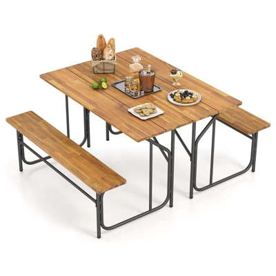 Tangkula 2PCS Table Bench Set For 2 Picnic Table & Loveseat W/Acacia Wood Top Metal Legs 10 Tangkula 2PCS Table Bench Set For 2 Picnic Table & Loveseat W/Acacia Wood Top Metal Legs - Image 10