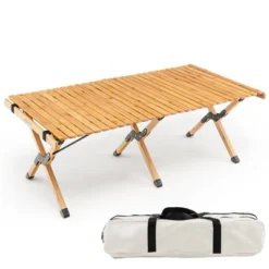 Tangkula Folding Wooden Camping Table Portable Picnic Table W/ Carry Bag Roll-up Bamboo Tabletop Outdoor Travel Camping Table Natural/Coffee -Tangkula GUEST 0ac24495 326e 487e 94de b19cf3c3a082