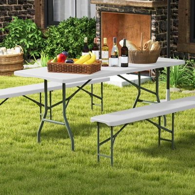 Tangkula 3 PCS Folding Picnic Table Set W/ 6 Ft Table & 2 Benches HDPE Tabletop Bench Top Coffee 1 Tangkula 3 PCS Folding Picnic Table Set W/ 6 Ft Table & 2 Benches HDPE Tabletop Bench Top Coffee