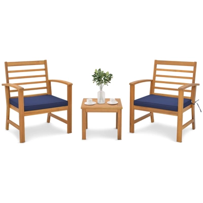 Tangkula 3PCS Furniture Set Acacia Wood Conversation Set W/ Soft Seat Cushions Outdoor 1 Tangkula 3PCS Furniture Set Acacia Wood Conversation Set W/ Soft Seat Cushions Outdoor