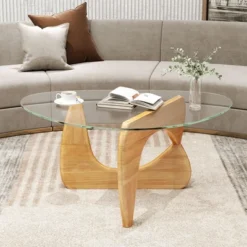 Tangkula Triangle Coffee Table W/ Tempered Glass Top & Adjustable Rubber Wood Base