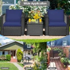 Tangkula 3PCS Rattan Patio Conversation Furniture Set Outdoor W/ Navy Cushions -Tangkula GUEST 0be69e0b 95a9 4302 a792 4cdf848ea24b