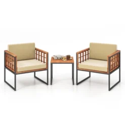 Tangkula 3 Pieces Patio Furniture Set Acacia Wood Bistro Conversation Set W/ 2 Cushioned Chairs Beige -Tangkula GUEST 0c57dd06 0815 4589 a6cd 0b954ad62a62