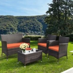 Tangkula 8PCS Patio Rattan Conversation Furniture Set Outdoor W/ Orange Cushion -Tangkula GUEST 0dc67411 8687 4c76 99ed af9476153339
