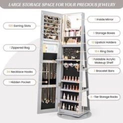 Tangkula 360° Rotating Mirrored Jewelry Cabinet Armoire 3 Color LED Modes Lockable Gray -Tangkula GUEST 0df4c50d ddb2 4f89 8668 e46462ad258f