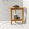 Tangkula Shower Stool Teak Wood Corner Bath Stool W/ Storage Shelf Shower Seat Chair
