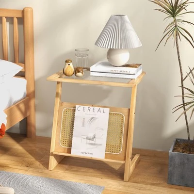 Tangkula 1pc/2pcs Z-shaped Side Table W/ Rattan Shelf Glass Top End Table W/ Magazine Rack Space-saving Sofa Side Bedside Table 2 Tangkula 1pc/2pcs Z-shaped Side Table W/ Rattan Shelf Glass Top End Table W/ Magazine Rack Space-saving Sofa Side Bedside Table - Image 2