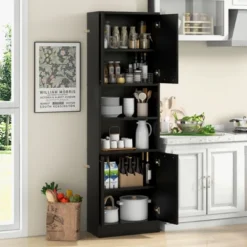 Tangkula Kitchen Pantry Cabinet 75” Tall Freestanding Cupboard With Doors & Shelves Safety Hinges & Anti-tipping Devices Black/White