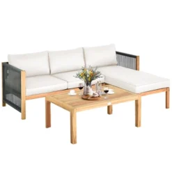 Tangkula 3PCS Patio Acacia Wood Sofa Furniture Set Thick Cushion W/ Nylon Rope Armrest Gray/White -Tangkula GUEST 104b1f49 aaa4 4f15 8a8a 47edb15c7b55